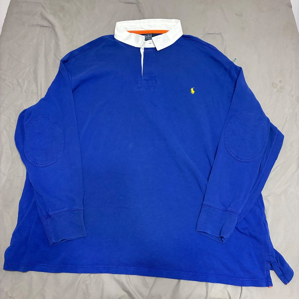 Polo Ralph Lauren Mens 4XB Big Blue Long Sleeve Rugby Shirt Elbow Patches Cotton